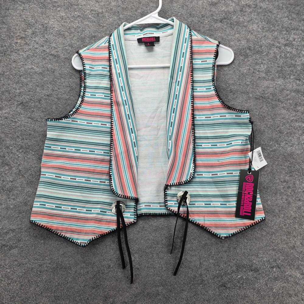 Rock & Roll Cowgirl Vest Womens Large Multi Serape Southwestern Open Tie Front